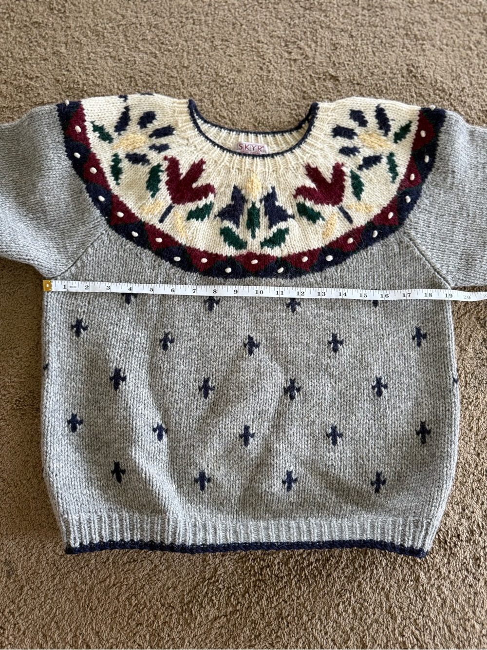 Sky Gray Crewneck Sweater with Cream, Burgundy and Navy Fair Isle Yoke - Picture 6 of 6